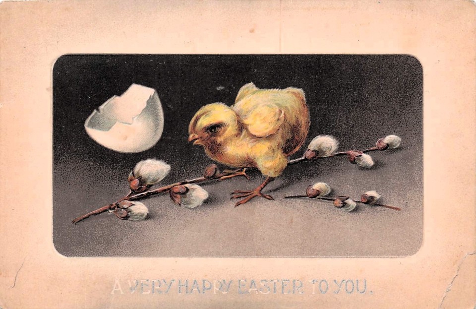 A macabre vintage Easter postcard in black tones from a real Massachusetts publisher — unsettling holiday ephemera that's an art piece in itself.