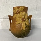 VTG 1940’s Roseville ART Pottery VASE Clematis vine FLORAL Double Handle 103-6"