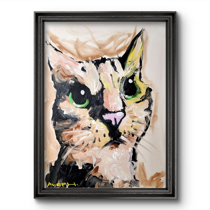 Original Abstract Cat Painting Canvas Neo Expressionist Fine Art Decor 16x12
