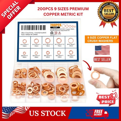 #ad 200pcs Copper Crush Washer Kit 9 Size Metric Sealing Oil Drain Plug Banjo M5 M14 $15.89