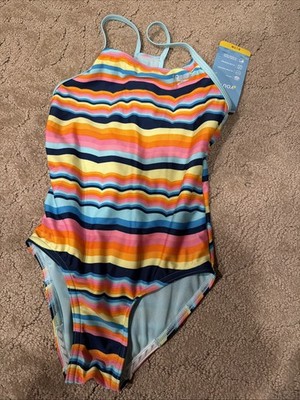 Speedo Girls Swimsuit Practice Suit Racerback Stripe Small 7/8 NEW NWT Rainbow
