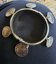 Vintage Signed Whiting & Davis Dalma B T Alban Coin Bangle Hinged Charm Bracelet
