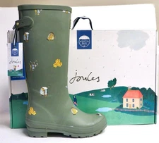 New NIB Joules Tall Welly Wellies Khaki Green Gold Honey Bees Bumblebees RARE 11