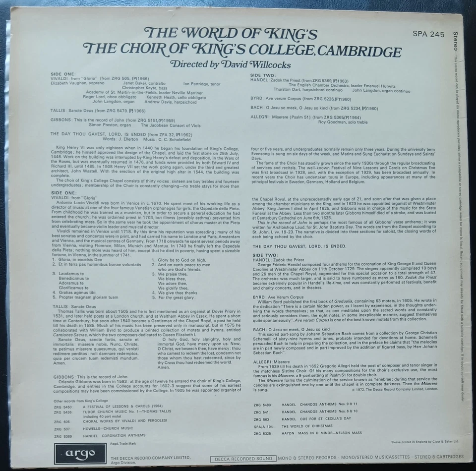 Choir Of Kings College, Cambridge - World Of King's - stereophonic LP record EX - Image 2 of 3