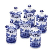 Spode Blue Italian Spice Jars with Lid, Set of 6, Porcelain - Blue White