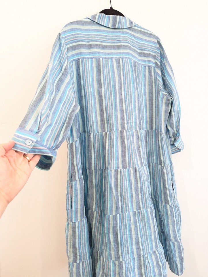 Soft Surroundings Linen Dress Womens Size XL Aqua Blue Striped Shirt