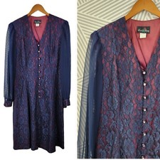 Vintage 1980s Size 14 Midi Suit Dress Layered Chiffon Lace midi Dark Academia 