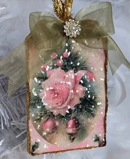 Victorian Shabby Chic Pink Roses Decoupage Glass Glitter Christmas Tree Ornament