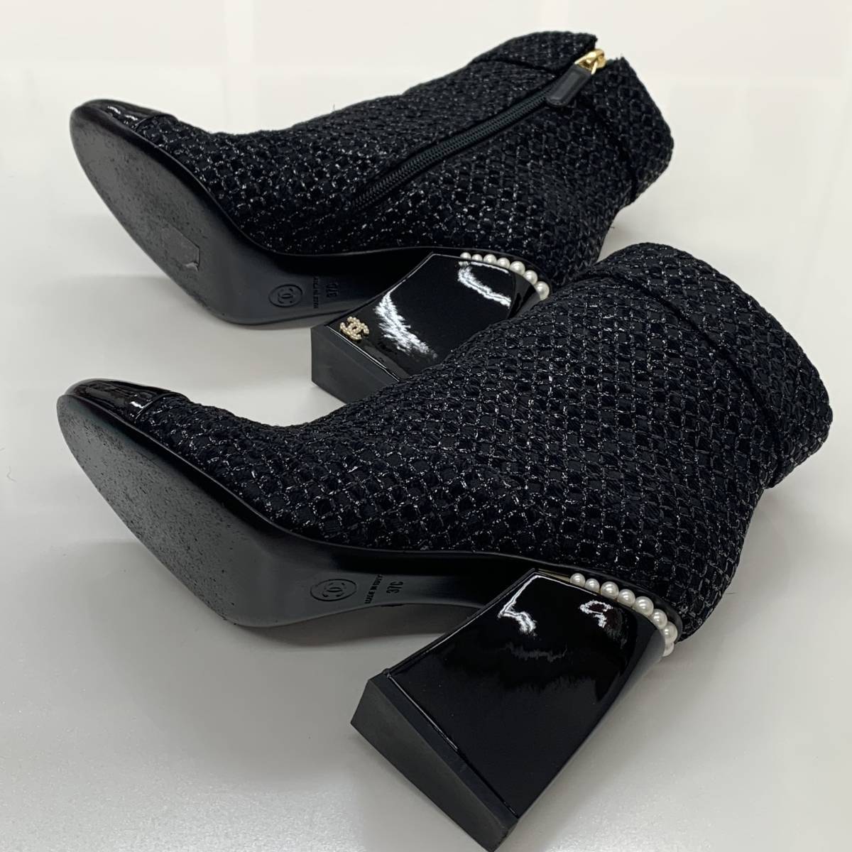 Chanel Fabric Patent Coco Mark Pearl Short Boots Black | eBay Chanel Fabric Patent Coco Mark Pearl Short Boots Black | eBay