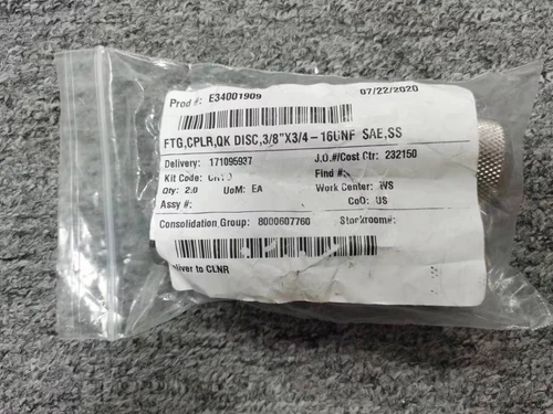 PARKER FS-371-8F0 FTG,CPLR,QK DISC,3/8''X3/4-16UNF SAE,SS(lof of 2),NEW