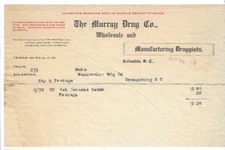 Invoice, The Murray Drug Co, Columbia South Carolina, Wannamaker Mfg, Orangeburg