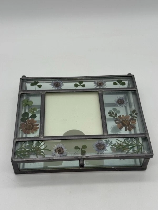 Metal & Glass Keepsake box Handpainted Flower Lid 6.5" x 5.5" x 1.75" - Image 3 of 4