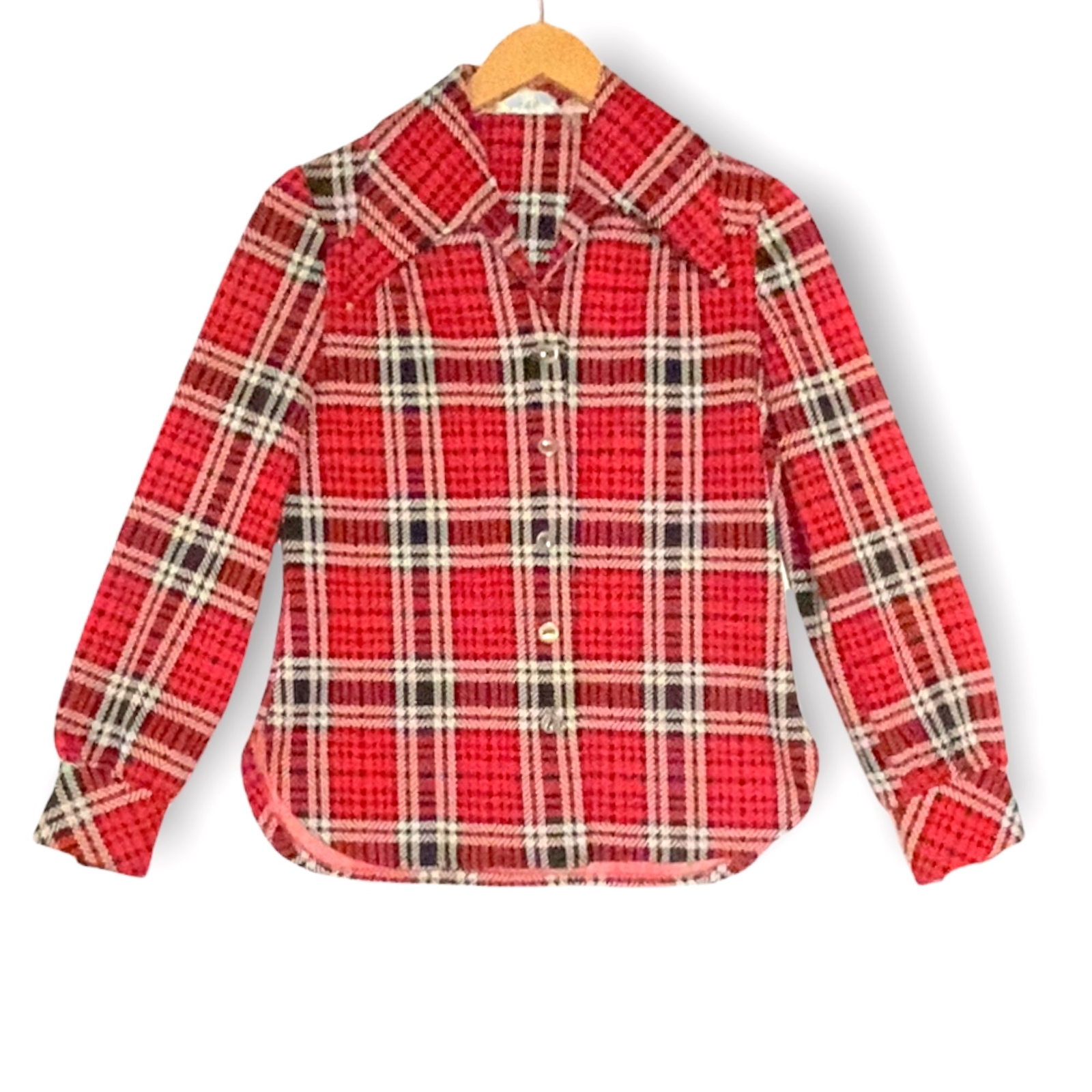 Vintage Judy Way red plaid blouse with wide collar button front S small MCM mid-century
