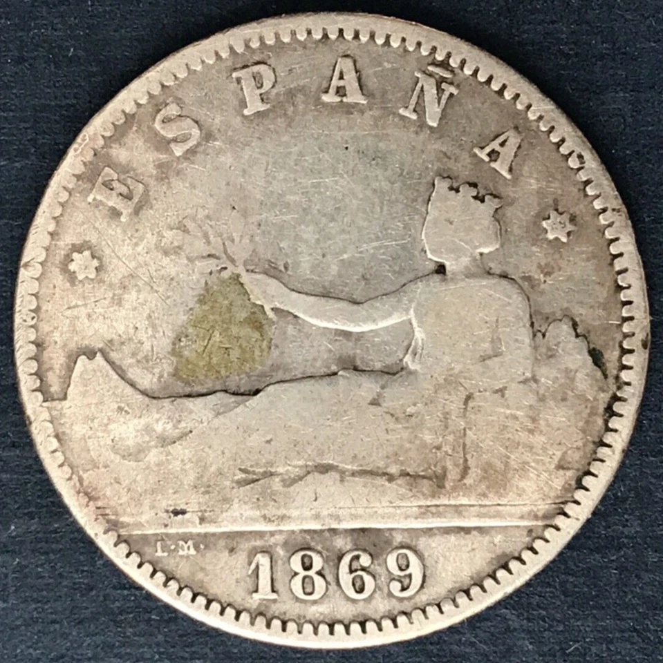 🇪🇸  1869 SN-M  SPAIN UNA PESETA COIN  LOW MINTAGE  RARE NO STARS ON DATE 🇪🇸 - Image 3 of 4