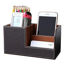 PU Leather Desk Organizer Pen Pencil Holder Business Name Cards Remote S-brown