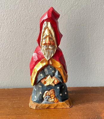 Vntg Hand carved & painted Wood Santa Nativity Scene Christmas. 6.5'' Signed 2007