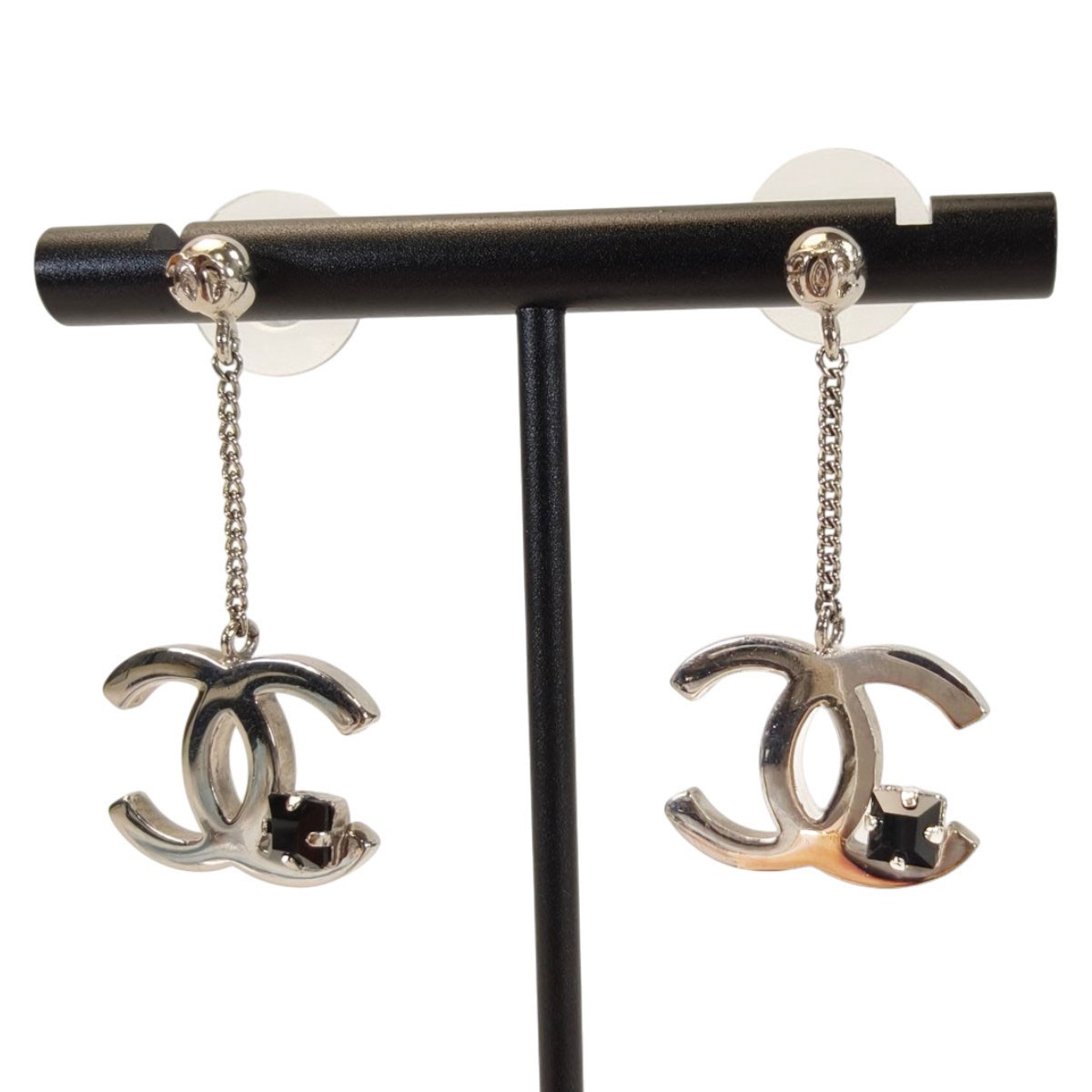 CHANEL CC Logo Dangle Earrings Silver Black Rhinestone Pierced