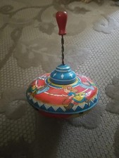 VINTAGE Bright Colored Tin Large Top Toy with Cowboy  Cowgirl WORKS