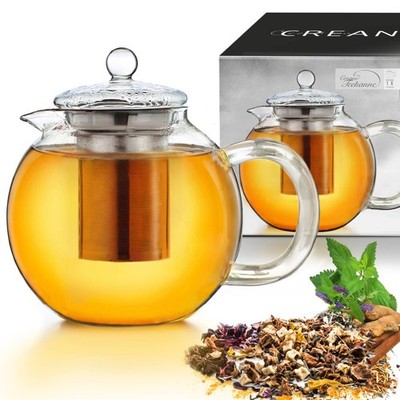 Creano Teekanne aus Glas 1,3l, 3-Teilige Glasteekanne mit Edelstahl-Sieb