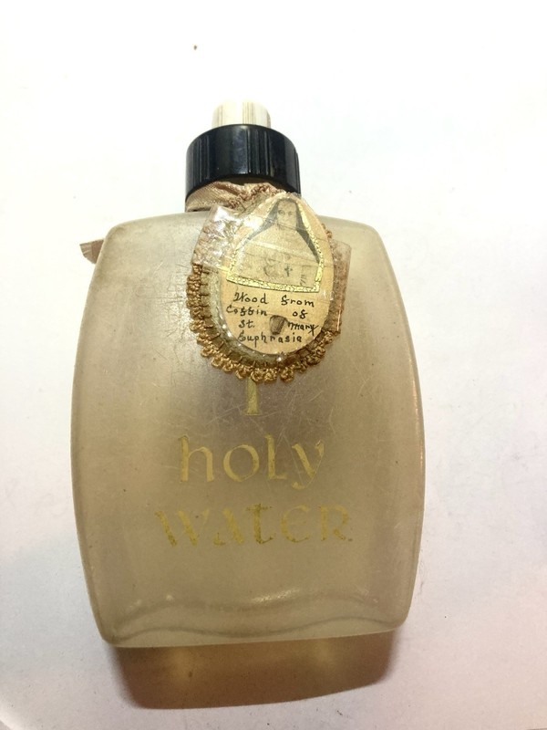 Vintage plastic holy water bottle relic coffin wood Saint Mary Euphrasia