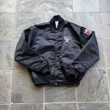 VTG 90s NFL OAKLAND RAIDERS STARTER SPELL OUT SATIN BOMBER JACKET L MADE IN USA