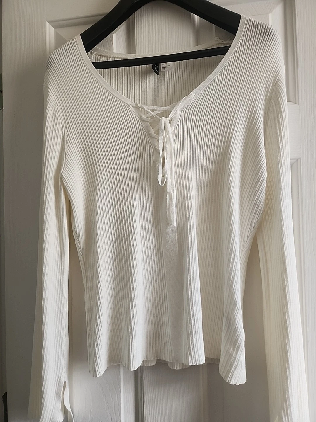 OFF WHITE Camicetta donna H&M divisa manica lunga a campana scollo a V stringata taglia XL bianco sporco