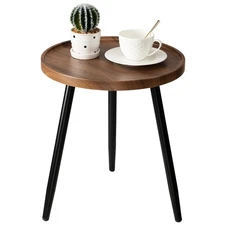 danpinera Round Side Table, Metal Legged, with Wooden Tray, Brown