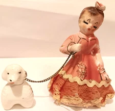 VINTAGE LIPPER & MANN CAKE TOPPER W/CERAMIC GIRL WITH POODLE (JAPAN) W/CHAIN