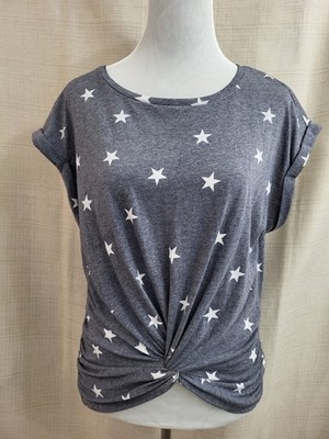Lucky Brand Women's Gray White Pullover Star Twist Front Short Sleeve Size Small