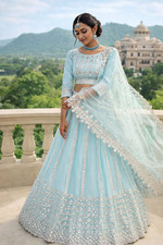 Traditional Indian Mirror Work Lehenga   Blue Sequin Diwali Special Dress