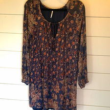 Free People Blue Floral Shift Lucky Loosey Dress M Long Sleeve