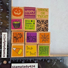 Lot 12 mini Halloween rubber stamps spooky candy corn pumpkin spiderweb trick