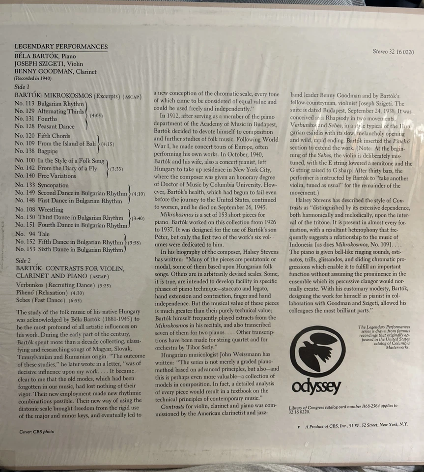 BELA BARTOK SZIGETI BENNY GOODMAN MIKROKOSMOS CONTRASTS PIANO VIOLIN LP - Image 2 of 3