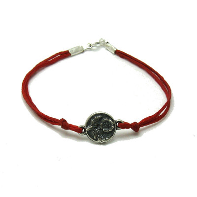 Sterling Silver Bracelet with Red Cord Solid Hallmarked 925 Flower Handmade