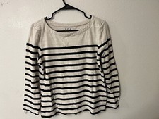 Loft Womens Sweater Size Medium White Black Stripe Boat Neck Long Sleeve