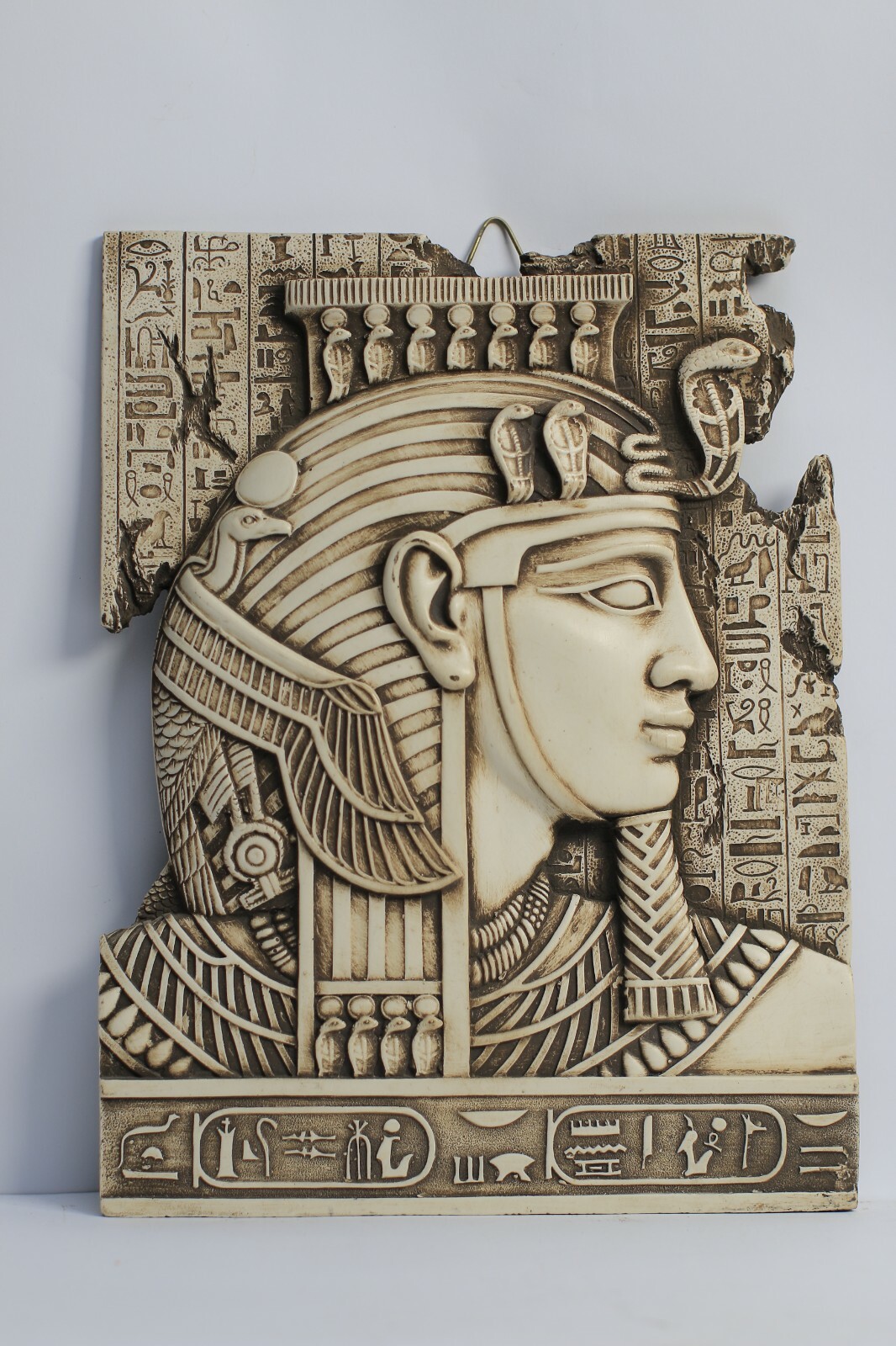 Fantastic wall relief of KING Tutankhamun Head with the Two cobra