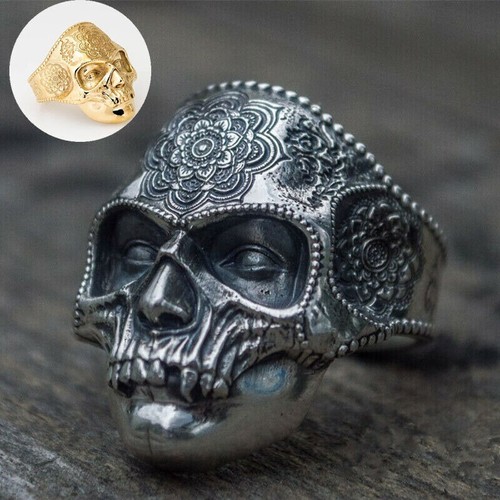 Sugar Flower Mandala Jewelry Vintage Ring Punk Biker Mens Skull - Afbeelding 1 van 15
