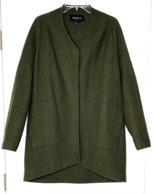 LAFAYETTE 148 Olive Green Wool Felt Snap Button Drop Shoulder Long Coat M = 8/10