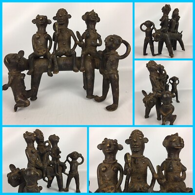 VTG Authentic African Bronze KING w HAREM & SLAVES on Double-Headed Beast Statue