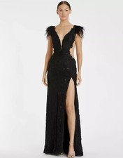 Mac Duggal Black Feather Trim Floral Cutout Lace Gown - Size - 8