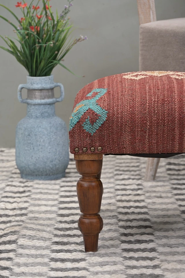 Handcrafted Acacia Wood Stool | Decorative Kilim Upholstered Pouf Footstool - Image 3 of 4