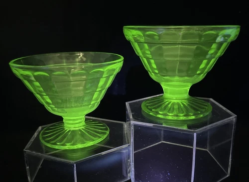 Depression Vaseline Uranium Glass Green Dessert Sherbet Footed Cup 3" Pair (2)