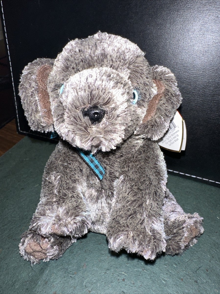 Ty Frisbee Beanie Baby 2001 Grey Puppy Dog w/ Check Ribbon