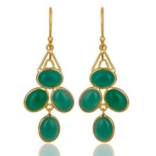 Women's Designer Yellow Gold Plated 925 Silver Green onyx Gemstone Earrings