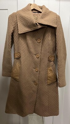 Mackage Women Button Down Leather Trim 100% Merino Wool Camel Coat Size Medium