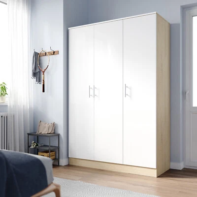 ELEGANT 3 Door Triple High Gloss Wardrobe White&Oak with Hanging Rail & Shelves Cupboard