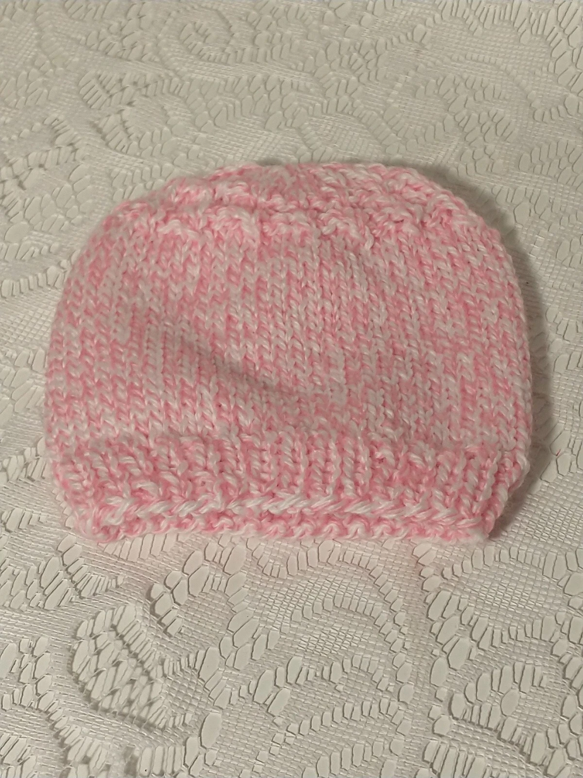 Bernat Baby Sport Yarn Hand Made Knit Baby Hat White Pink Tweed Marble tblbf1