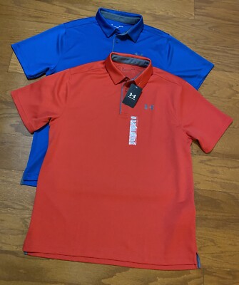 Authentic size LARGE Under Armour Loose-fit Tech Polo Shirt Red & Blue (2) NWT