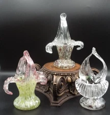 3 Antique Bohemian Kralik Rainbow Splatter Applied Floriform Art Glass Vase Set