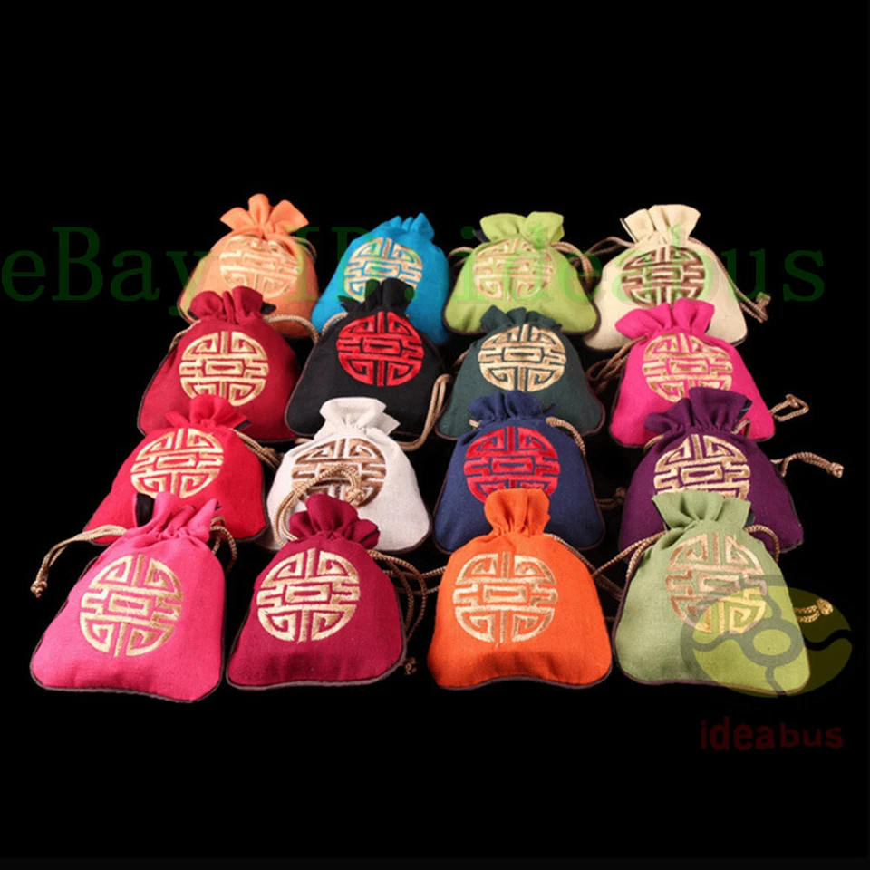 1/2/3/5/10 PIEZAS Bordado Doble Felicidad Lino Cordón Bolsa Monedero Bolso para Monedas Foto 2 de 4